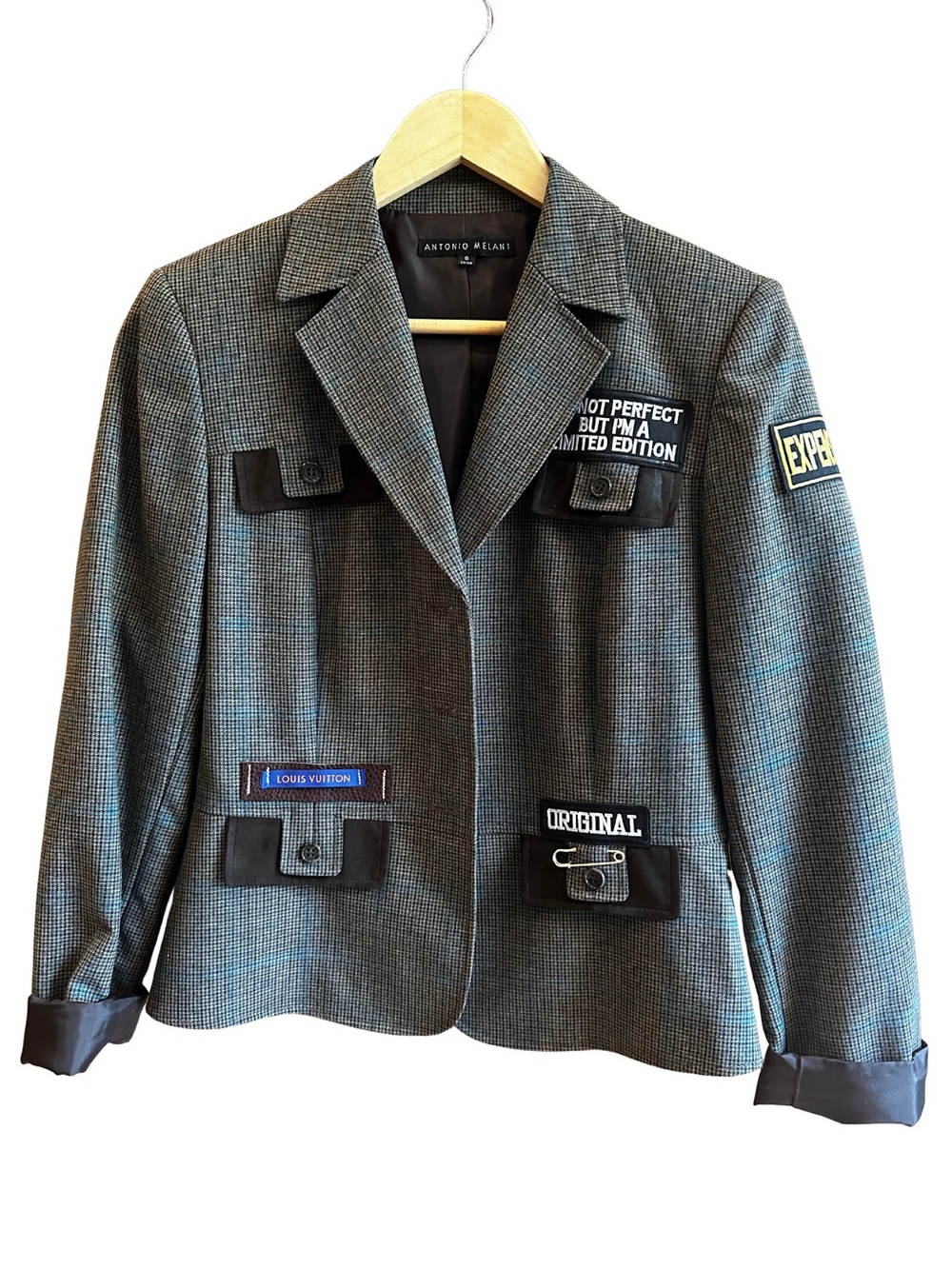 Antonio Melani Size 6 Plaid Blazer Limited Edition LV Leather Patch
